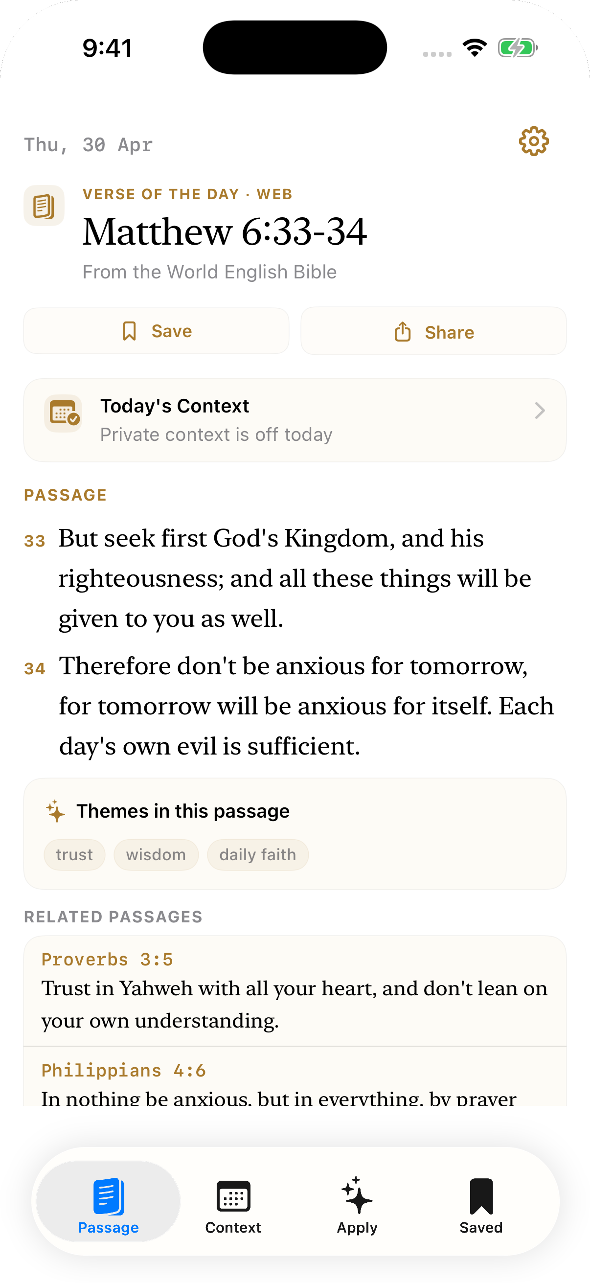 Verse Compass passage screen showing Matthew 6:33-34 and related passages.